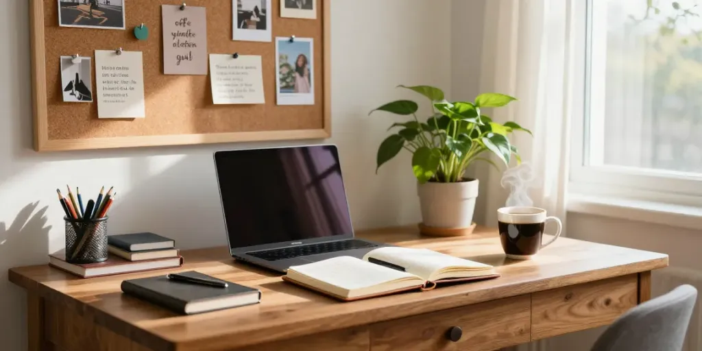 rokok88 login: Cozy home office scene with individual journaling and laptop, emphasizing digital documentation.