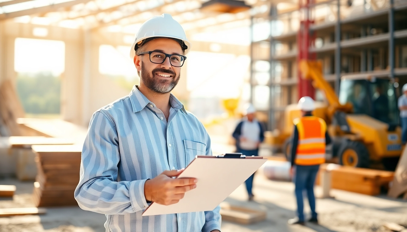 New Jersey General Contractor assessing a bustling construction site with materials and machinery.