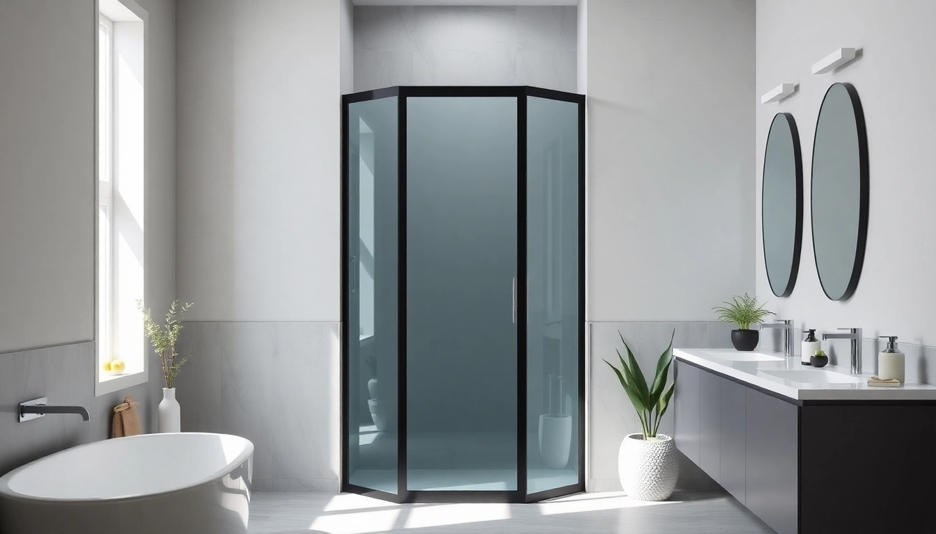 Showcase a modern black shower door framed in a sleek bathroom setting, highlighting its elegant design.