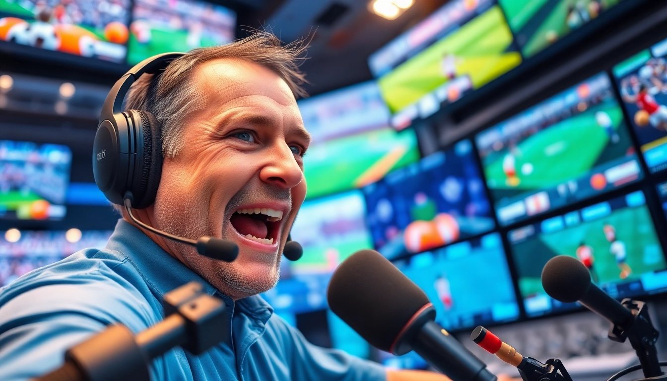Engaging Sports Broadcasting scene with a commentator in a high-tech studio, embodying excitement.
