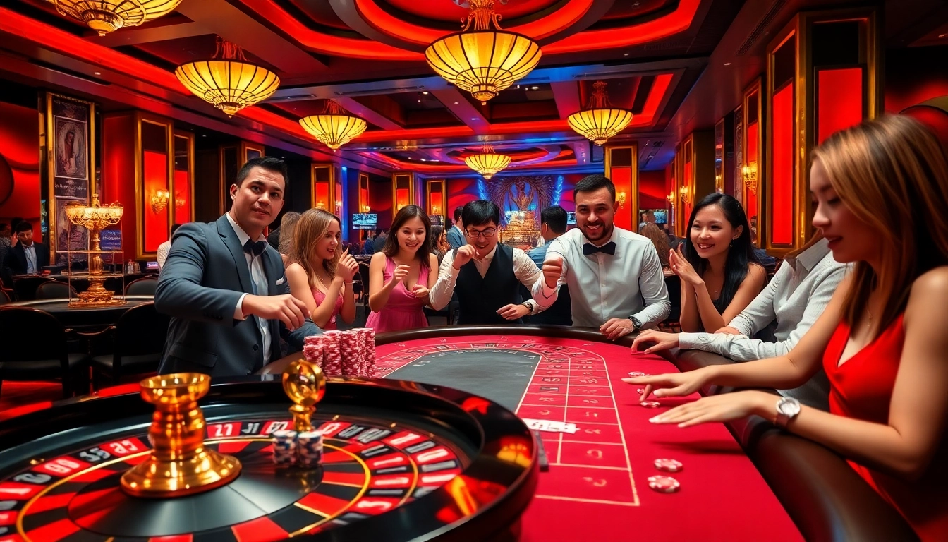 Exciting gameplay scene at GG88 KJC featuring roulette, poker chips, and engaged players.