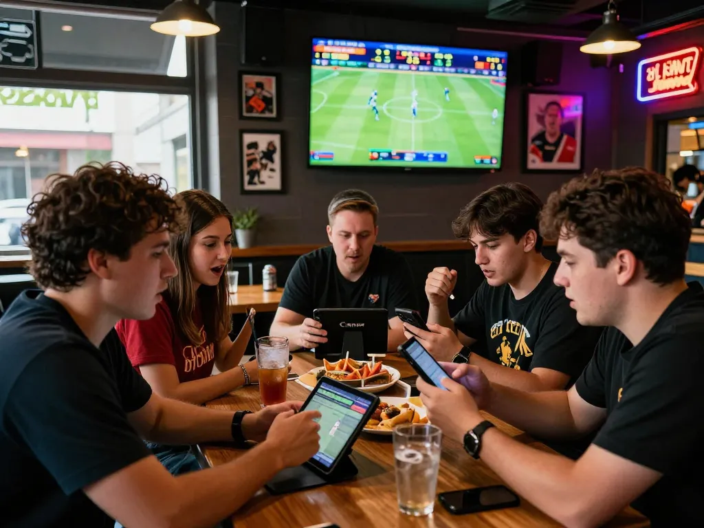 Friends checking tỷ lệ kèo trực tuyến at a lively sports bar during a live match