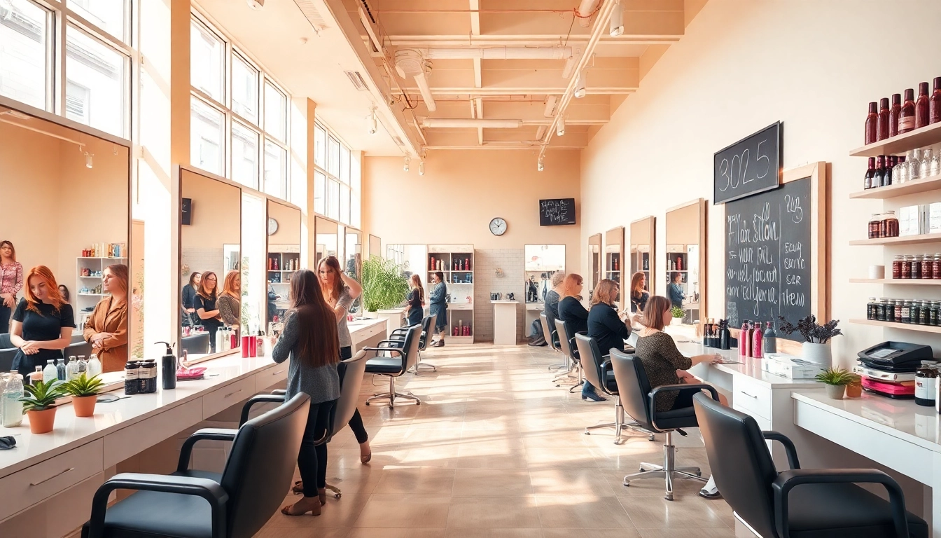 Hair salon near me showcasing modern styling stations with friendly hairstylists.