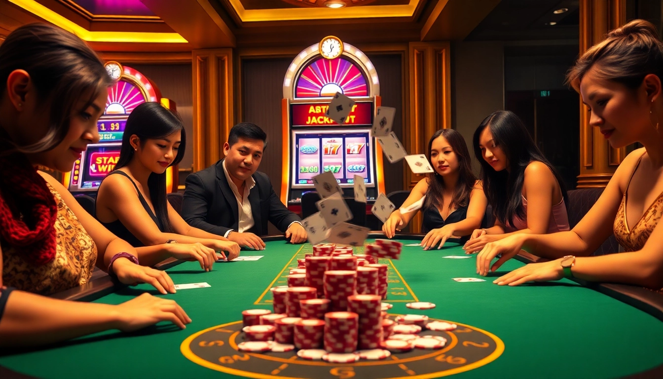Experience the thrill of PG88 as players engage at a vibrant poker table amidst casino excitement.