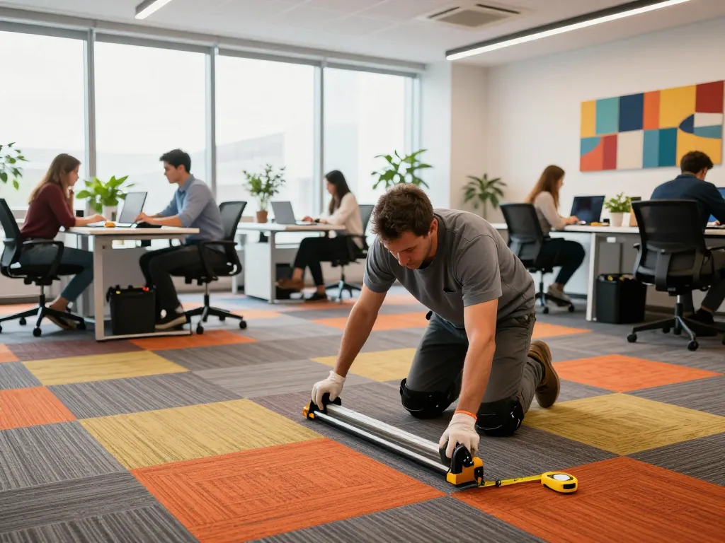 Commercial carpet installation in vibrant office with professionals collaborating.