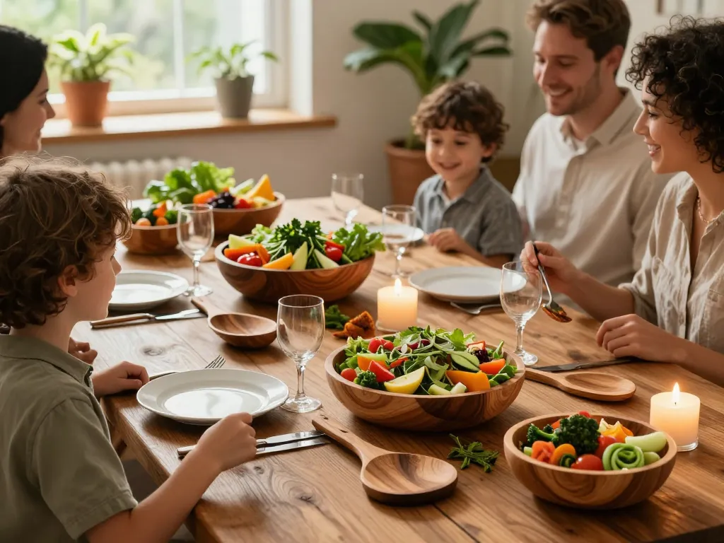 Premium aesthetic teak wood salad servers for high-end hosting showcased in a rustic dining setting with colorful fresh salads.