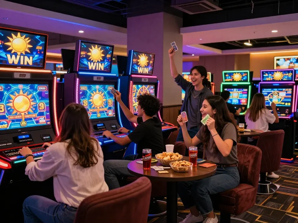 Engaged players celebrating wins at the sun win gaming station in a vibrant casino.