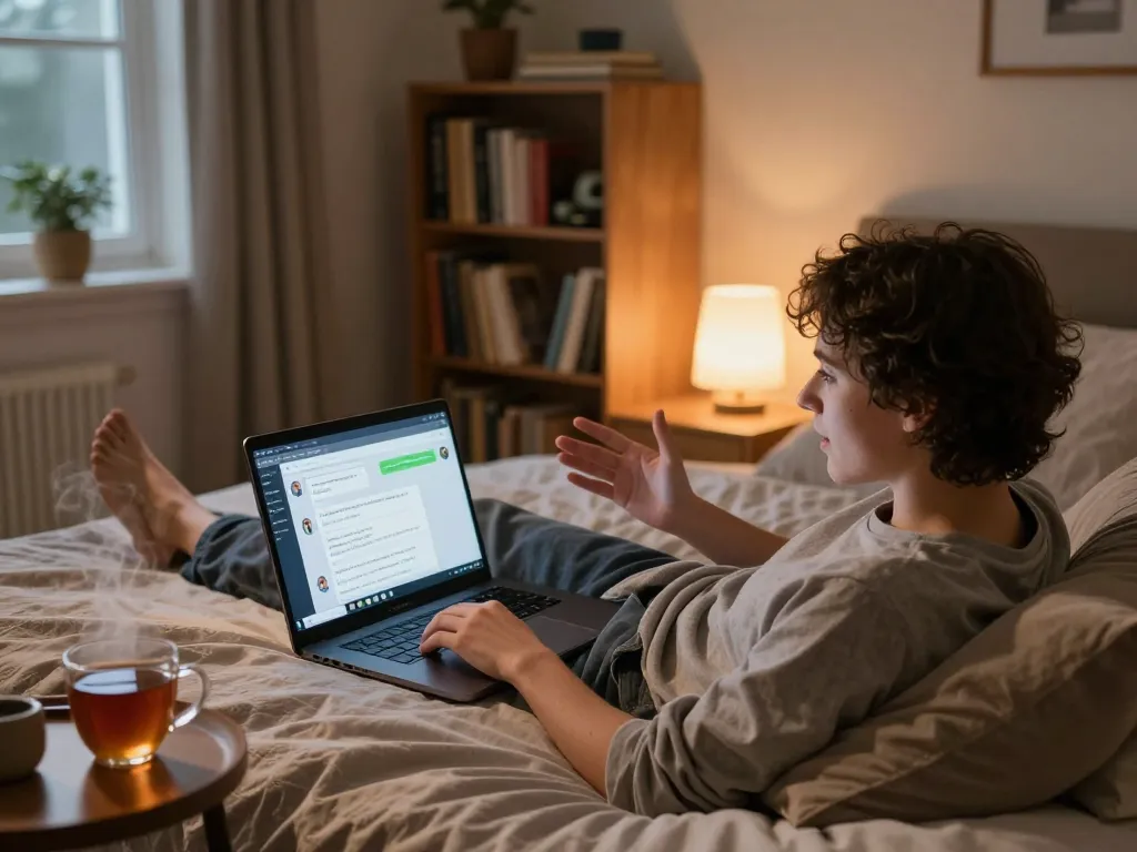A person using a laptop for a porn chat AI conversation in a cozy bedroom setting.
