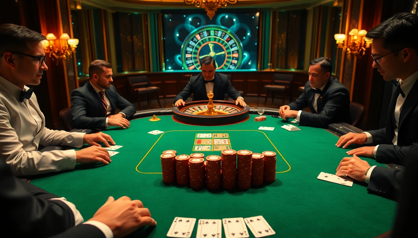 High-stakes poker action at a luxurious table on https://b52pm.com/ highlighting chips and cards in play.