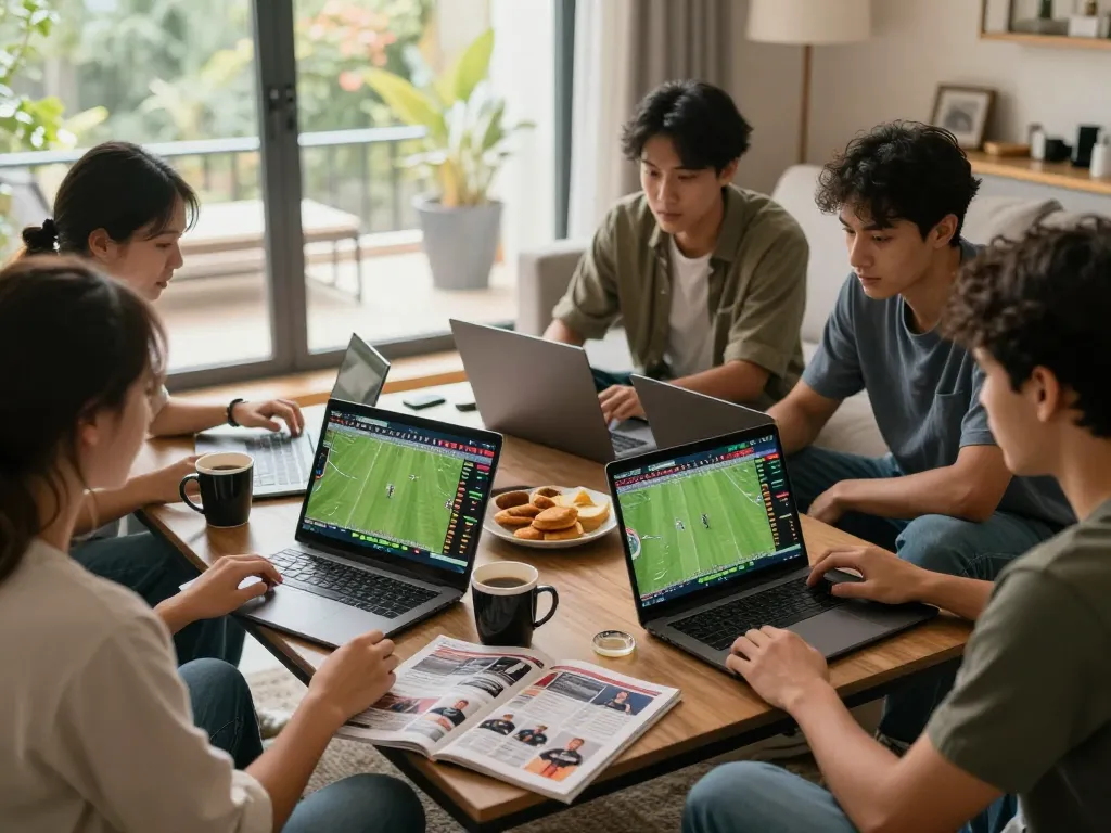 Engaged friends discussing 1gom betting odds and football statistics in a cozy living room.