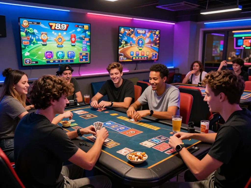 Friends enjoying card games at the 789 club gaming lounge with vibrant LED lighting.