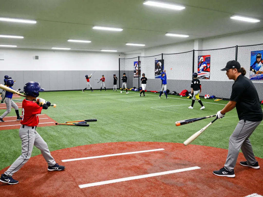 hitclub training session with young athletes practicing baseball skills in an energetic batting facility
