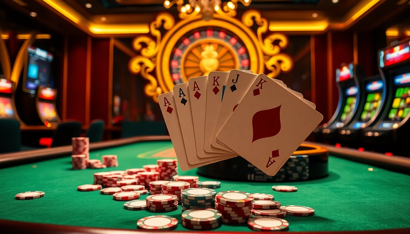 Exciting poker action on Trang chủ F168 with vibrant chips and a roulette wheel, showcasing a winning hand.