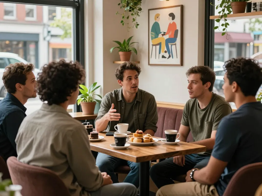 Men engaging in open discussions at a man club meeting in a cozy setting.