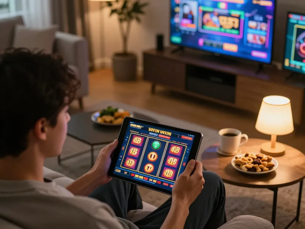 Player enjoying dn 88 gaming experience on tablet at cozy home setup with snacks