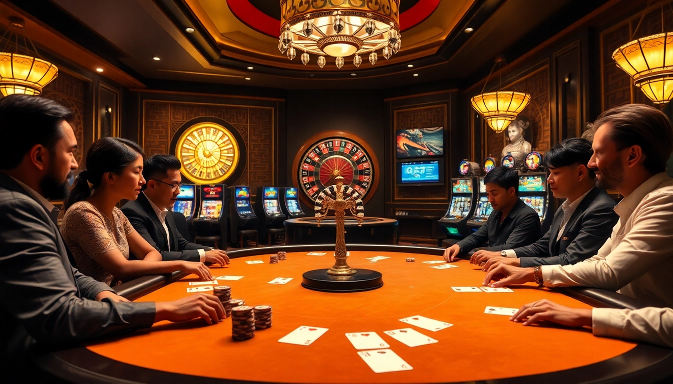 Experience the excitement of strategic gameplay at 98win casino with engaged poker players and vibrant slot machines.