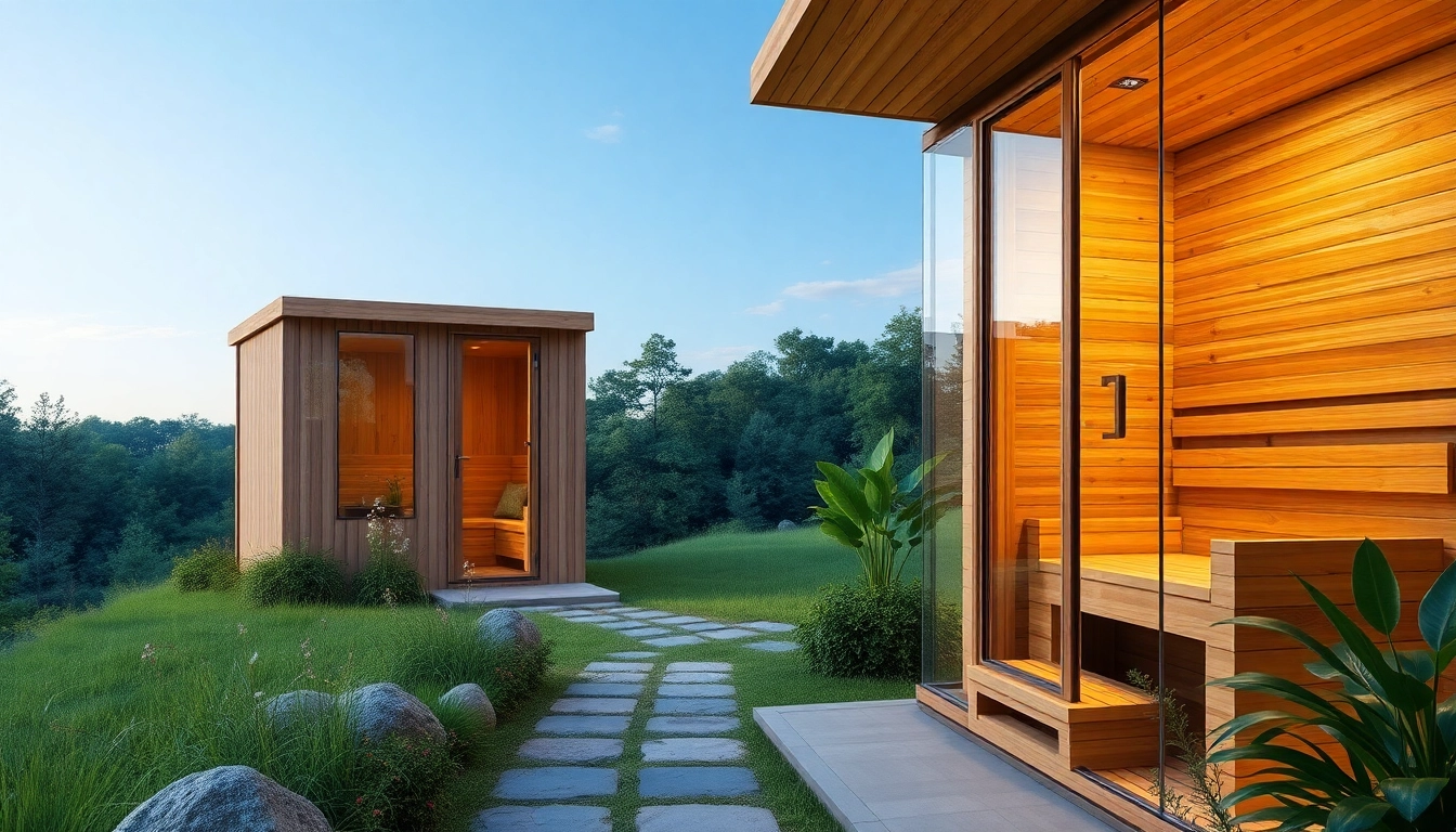 Outdoor sauna for sale in a peaceful natural setting, showcasing wood tones and large windows.