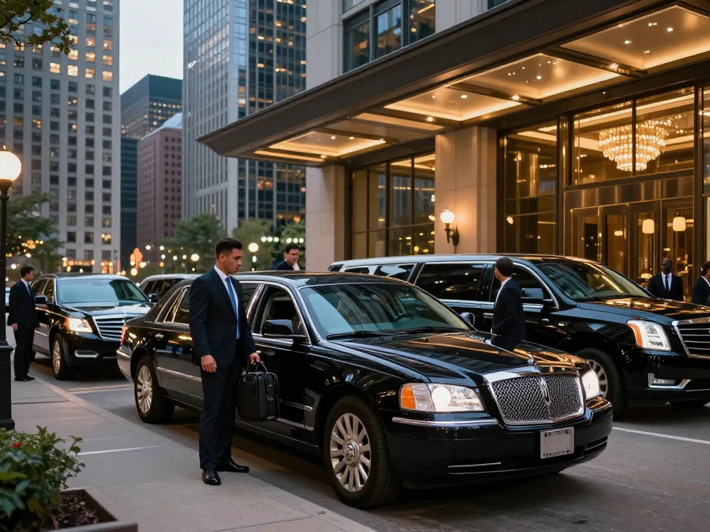 Chicago limousine service featuring professional chauffeurs with luxury vehicles outside a corporate venue.