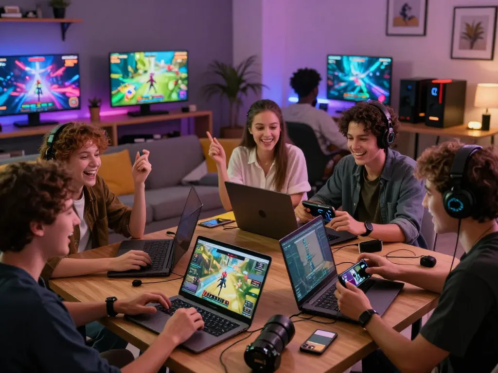 Players enjoying rik vip gaming on laptops and smartphones in a lively atmosphere