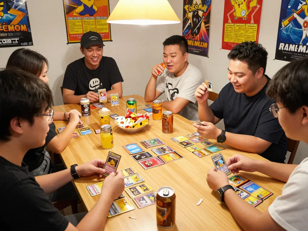 Engaged friends enjoying the Pokemon TCG DB in a cozy gaming room with colorful cards.