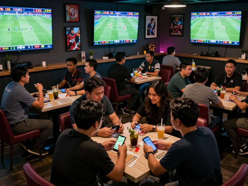 Pennjudi yang terlibat merancang taruhan Judi Bola dalam suasana lounge olahraga yang bersemangat