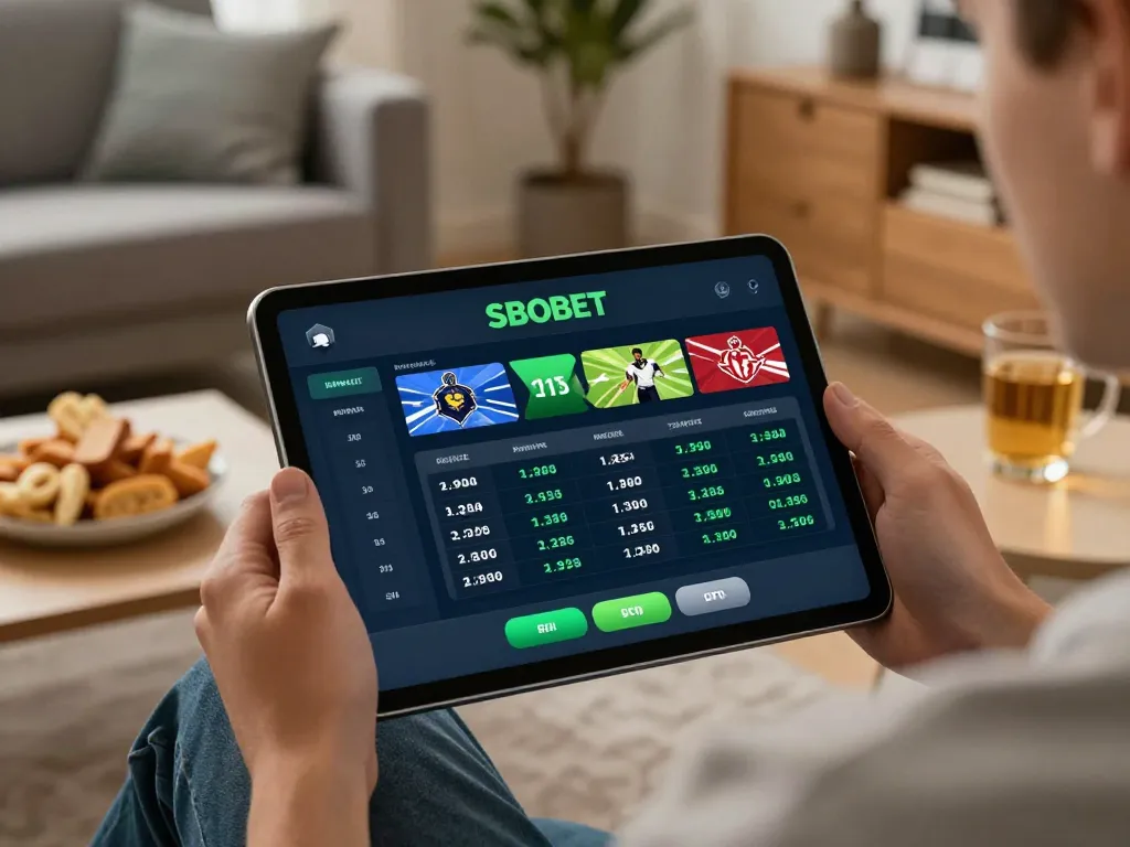 Pengguna SBOBET aktif memasang taruhan olahraga di tablet dalam suasana rumah yang nyaman, menyoroti odds waktu nyata dan tim favorit.