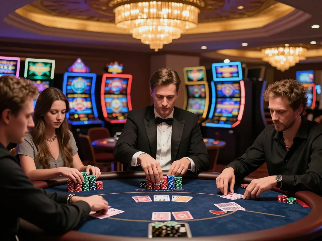 Players engaged in a thrilling poker game at 23Win casino, showcasing vibrant chips and a luxurious atmosphere.