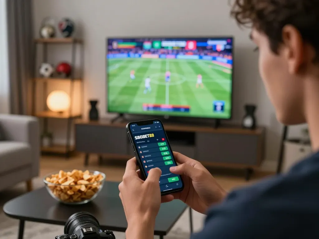Pengguna SBOBET88 terlibat dalam taruhan olahraga langsung di smartphone di tengah suasana menonton olahraga di rumah yang mengasyikkan.