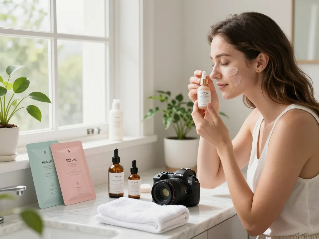 Uni&Core US skincare routine featuring a woman applying serum in a serene bathroom setting, showcasing K-Beauty products and wellness.