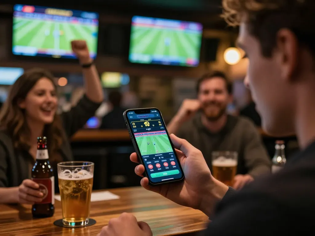 Tỷ lệ kèo nhà cái hôm nay viewed on a smartphone in a lively sports bar during a game.