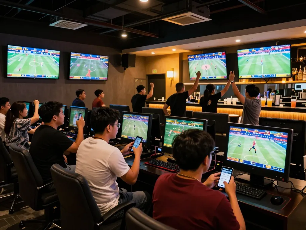 Penggemar yang terlibat memasang taruhan pada Taruhan Bola di venue taruhan olahraga yang ramai.