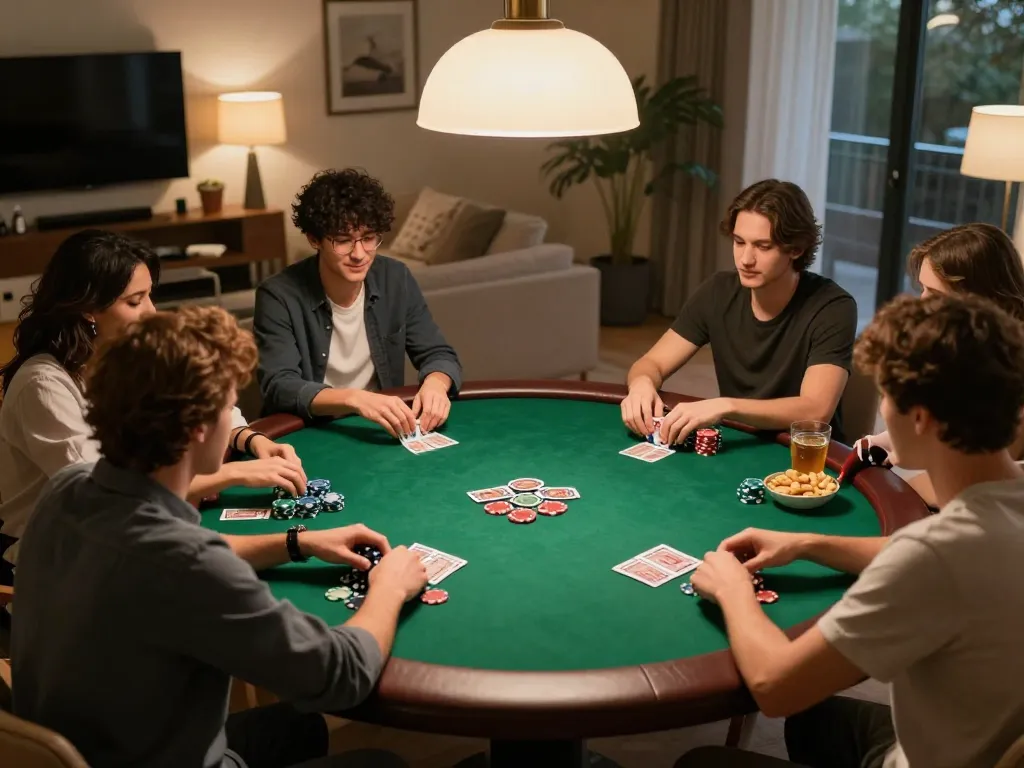 Malam poker di rumah SBOBET88 yang ramah dengan pemain yang bersemangat, chip, dan kartu terlihat di felt hijau