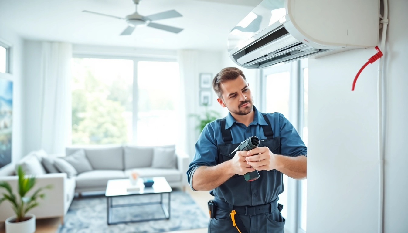 Image showcasing a technician performing Air Conditioning Repair Tampa services in a bright, modern home.
