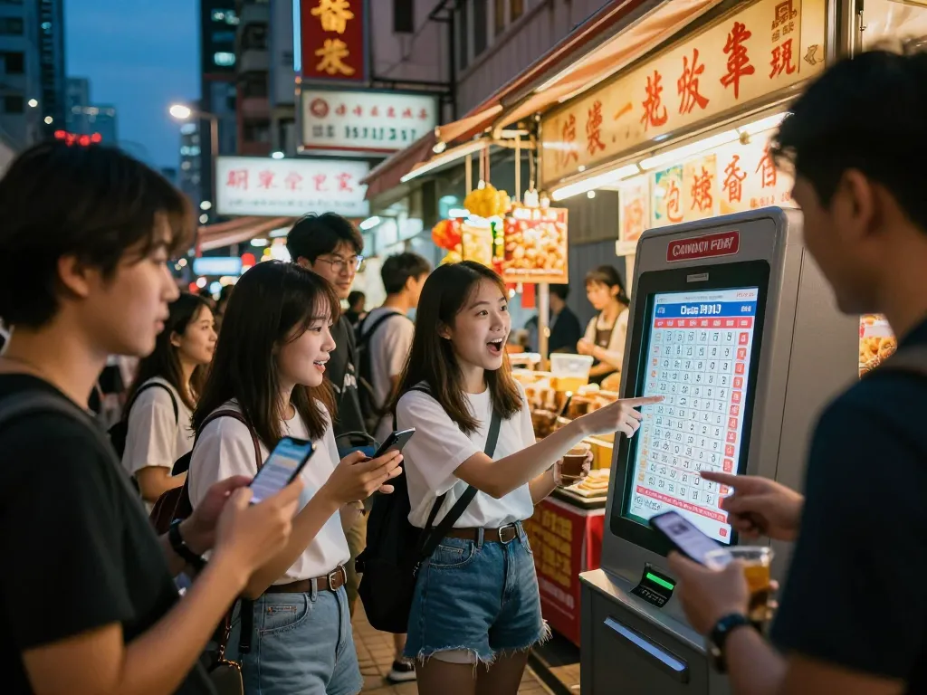 Orang-orang memeriksa hasil lotere Data HK di kios urban yang ramai, menangkap semangat komunitas.