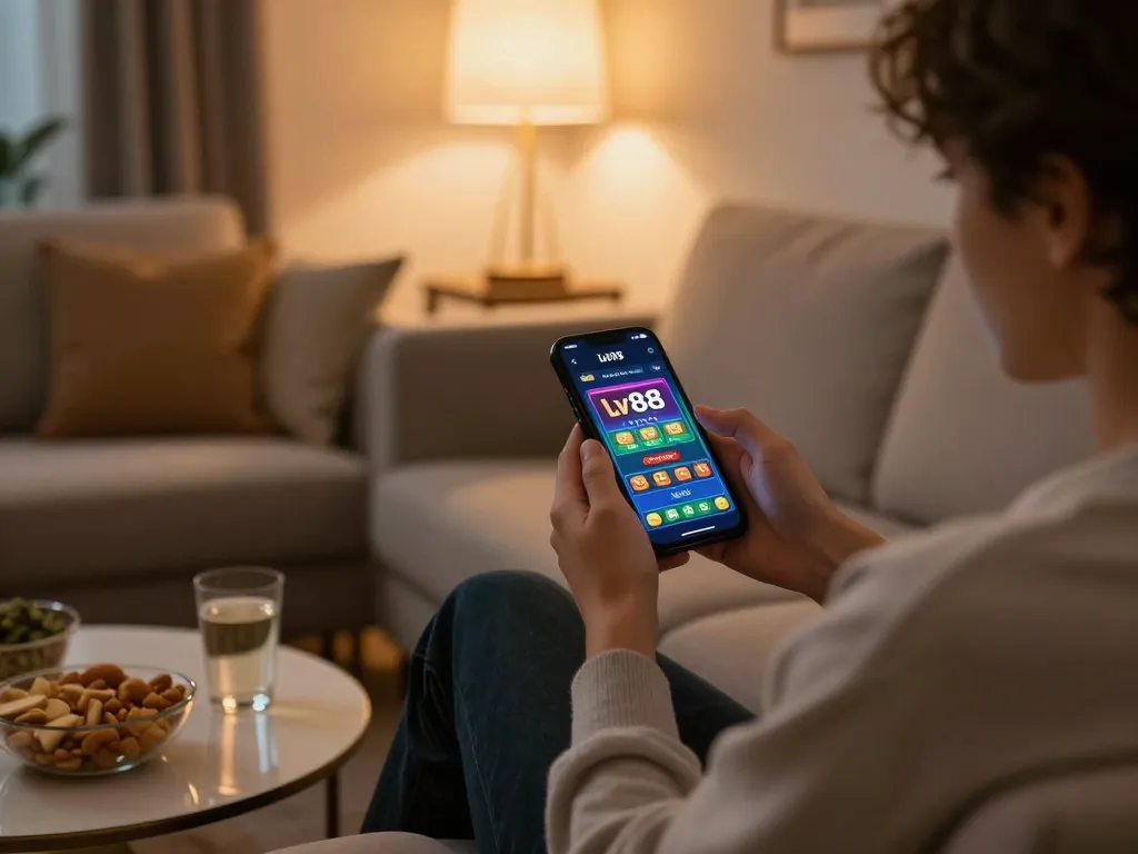 Engaging with the app lv88 on a smartphone in a cozy living room, showcasing responsible gaming.