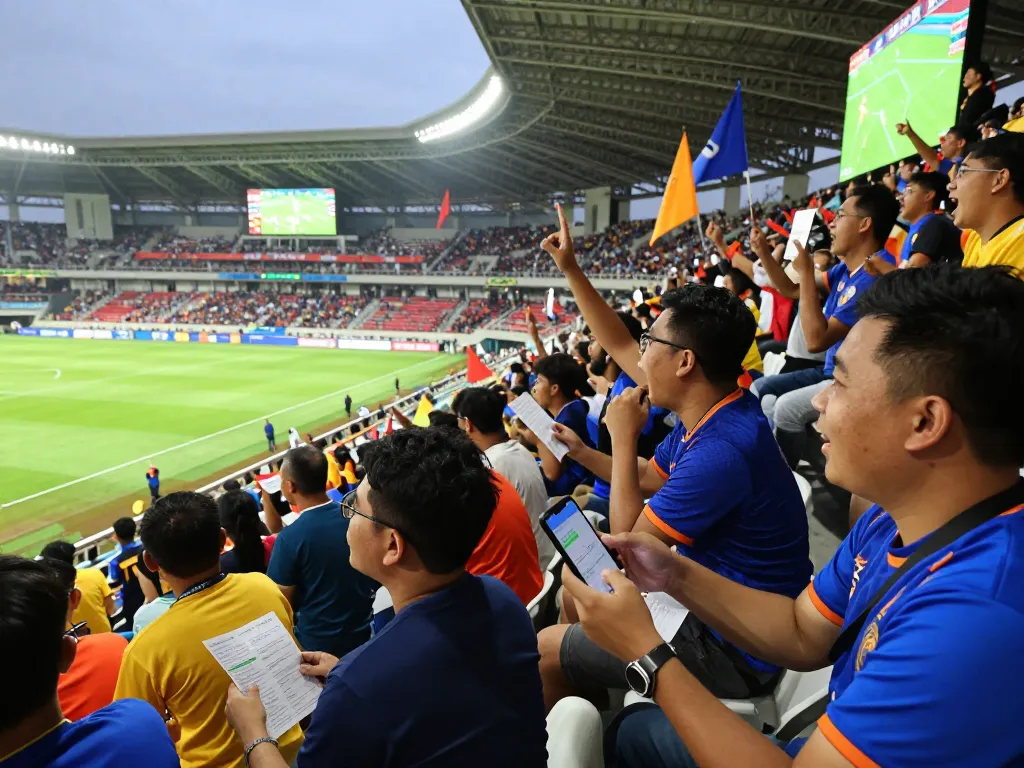 Cheering crowd engaged in Judi Bola betting at a football match