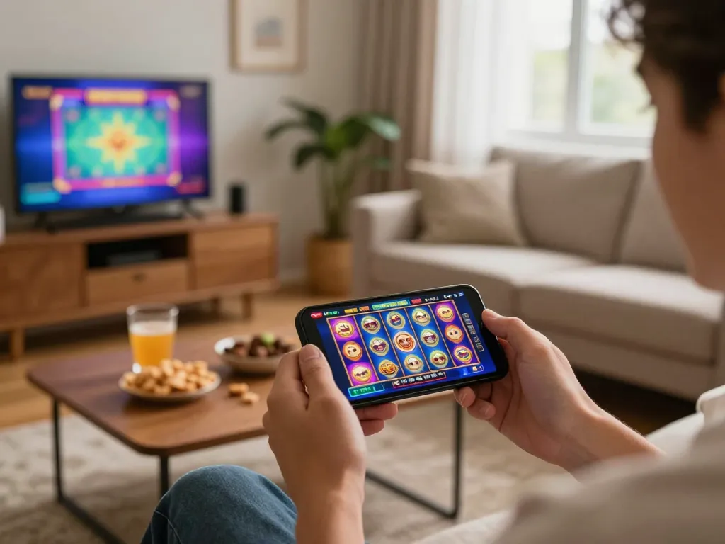 Engaging in mobile casino gaming with sunwingo on a smartphone in a cozy living room.