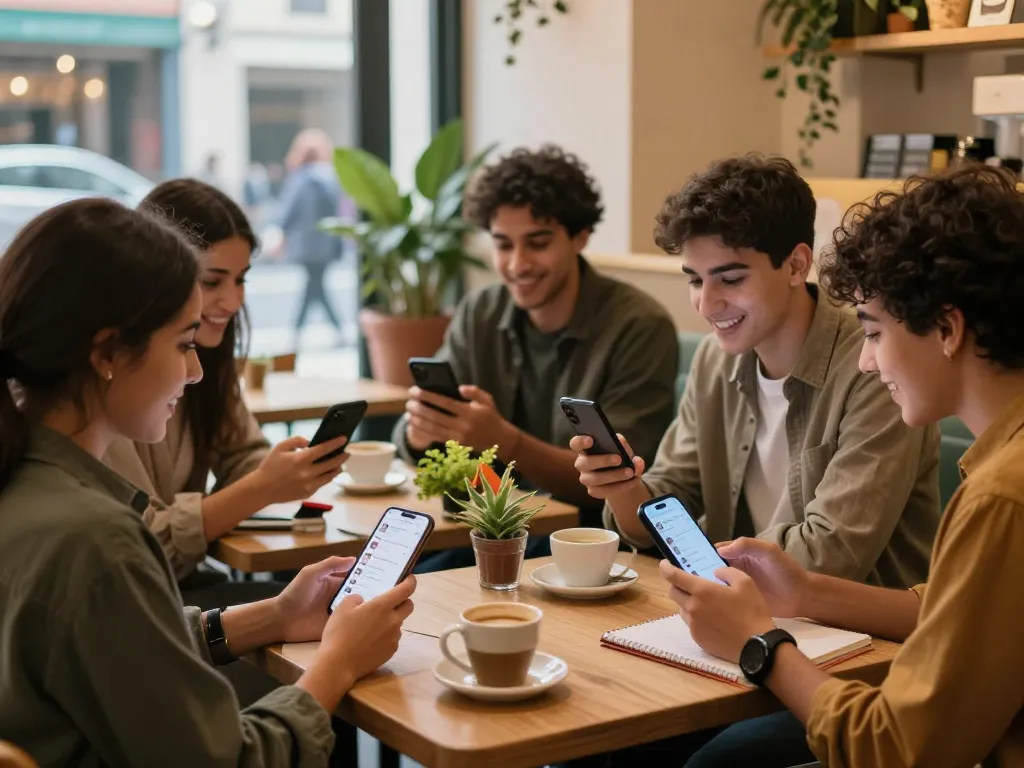 Young Palestinians enjoying شات فلسطين in a lively cafe, engaging on smartphones.