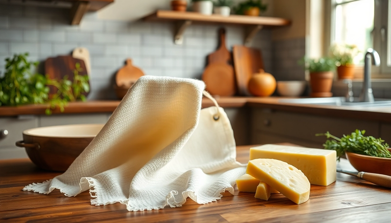 Kaasdoek gebruikt voor het maken van verse kaas op een houten aanrecht.