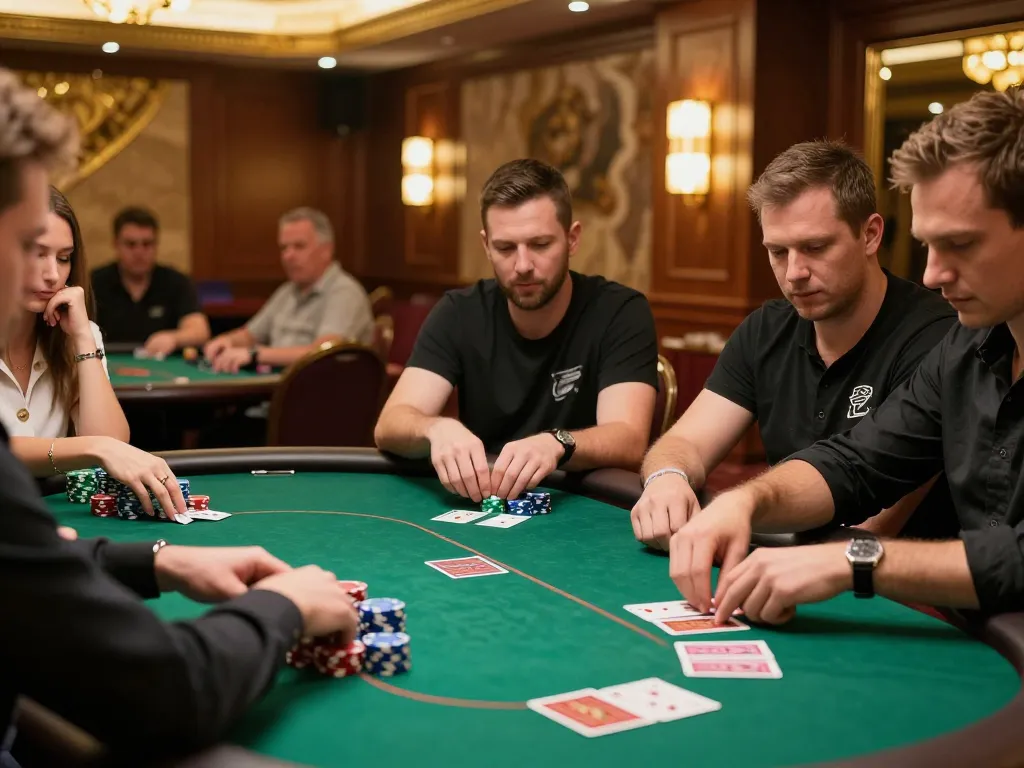 Players strategizing in a high-stakes poker game at LC88, showcasing intense action and immersive casino atmosphere.