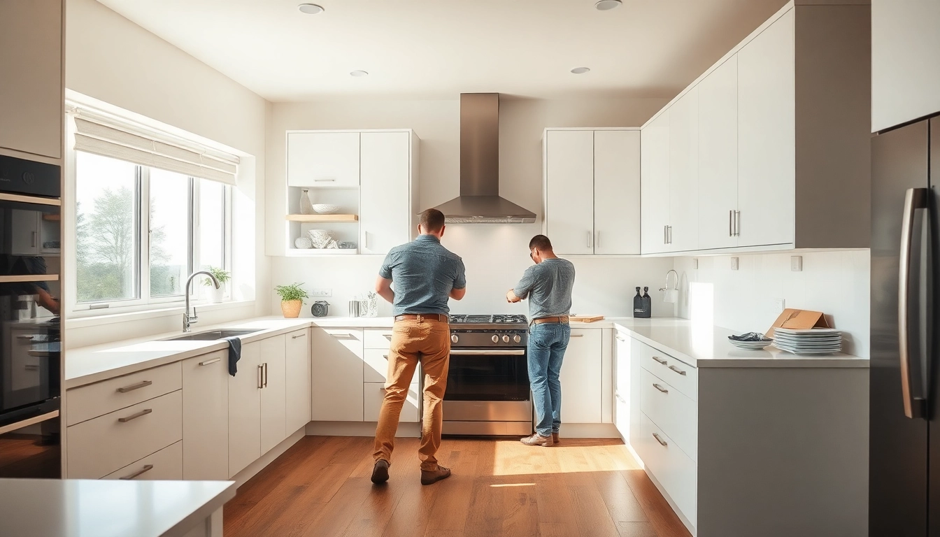 Find skilled kitchen fitters near me installing stylish cabinetry in a modern home.