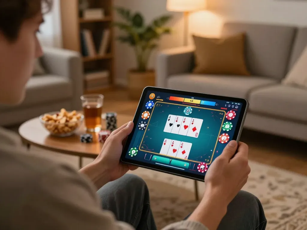 Engaging in online poker at home while playing j188 on a tablet, chips and cards arranged for strategy.