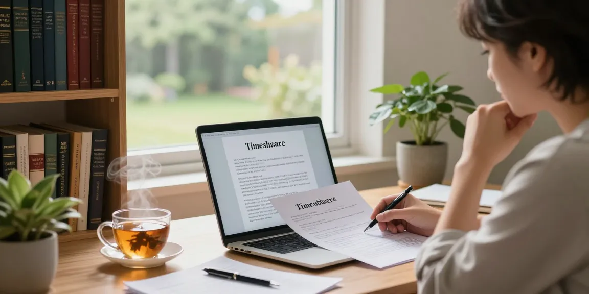 Cancel timeshare process in a serene home office with legal documents, laptop, and warm morning light.