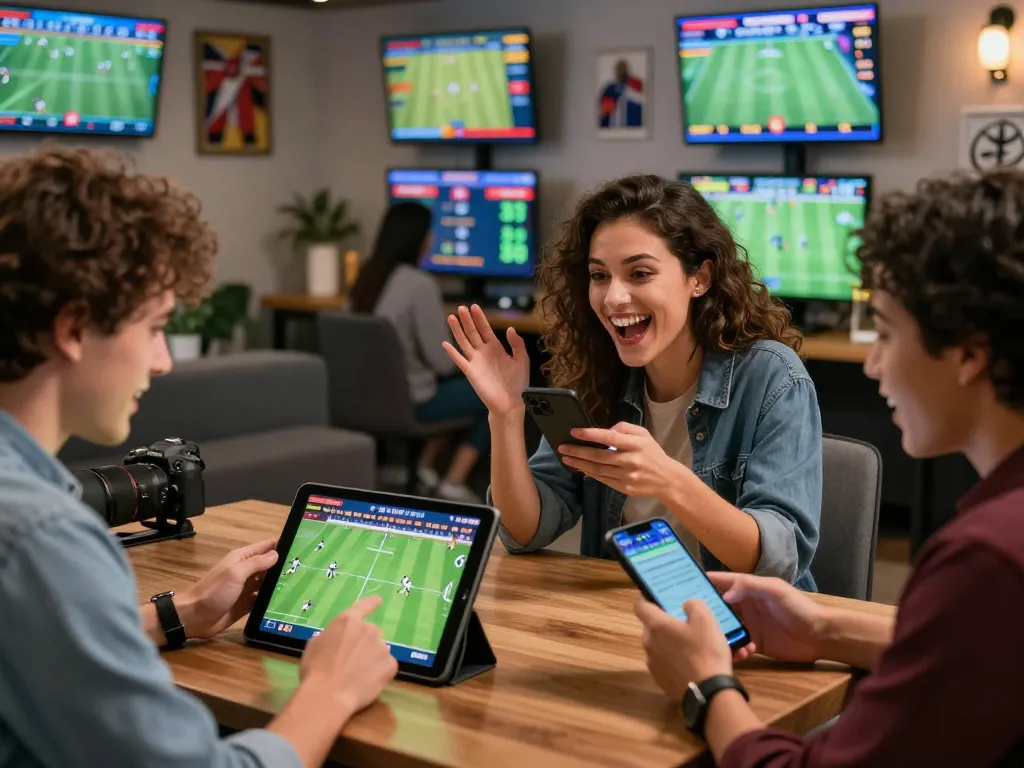 Engaged participants in the OKFUN online betting platform, enjoying live sports wagering in an energetic lounge.