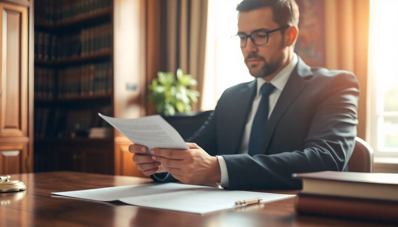 Lawyer analyzing probate documents in a sophisticated office setting.