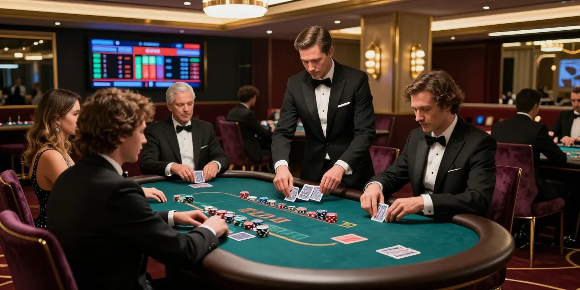 Baccarat players enjoying a high-stakes game with cards and colorful chips in an elegant casino setting.