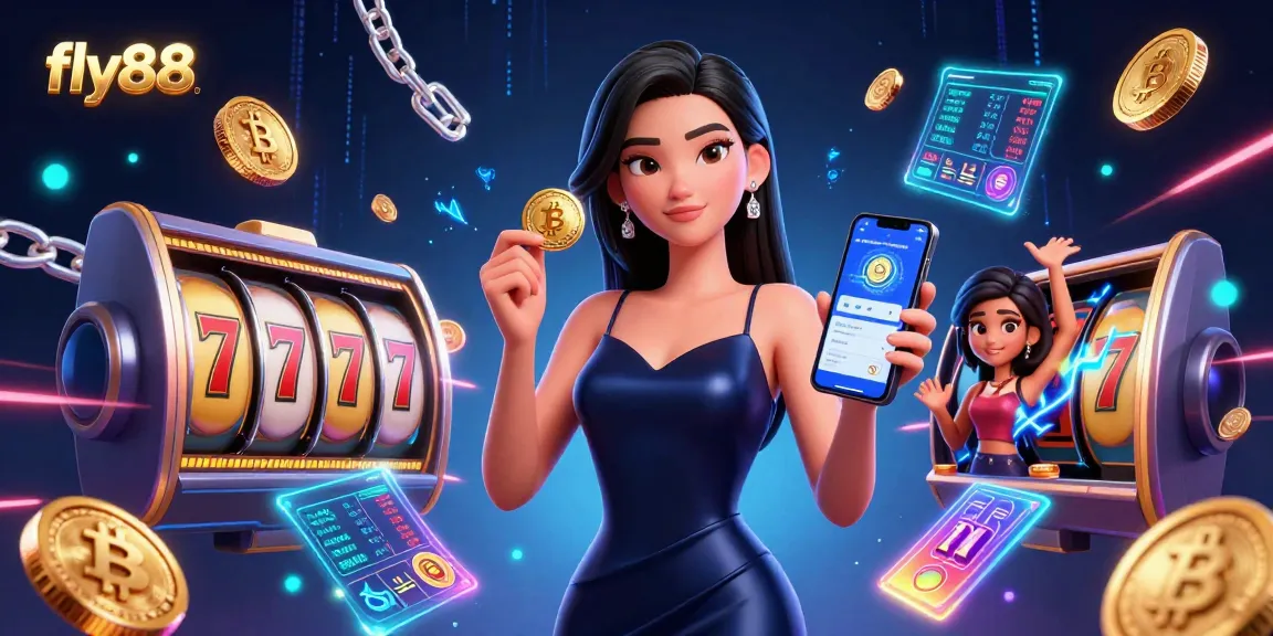 Experience thrilling slots at fly88 with a stunning Asian woman showcasing a casino app and golden chip amidst vibrant digital elements.