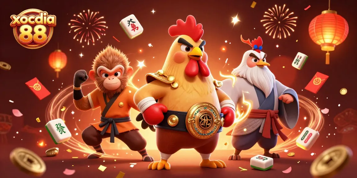 xocdia 88 brings a lively casino atmosphere showcasing a Muay Thai rooster and a Shaolin monkey in action.
