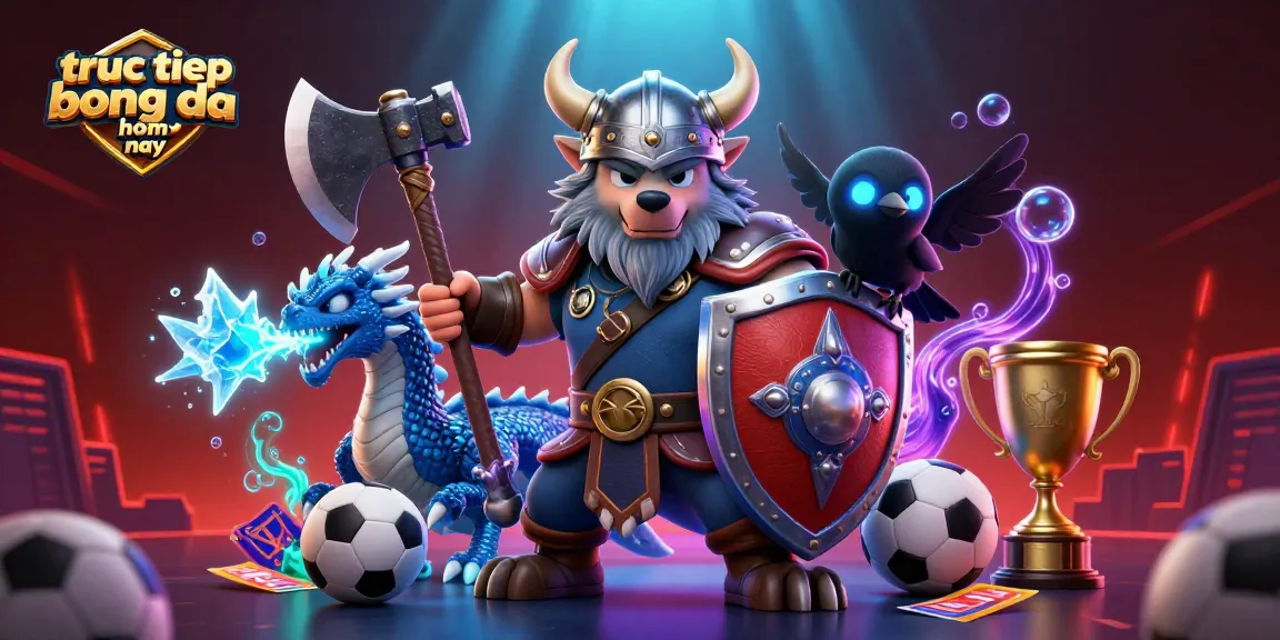 Engage with truc tiep bong da hom nay through an energetic 3D scene of sports betting action featuring a Viking wolf warrior and vibrant symbols.