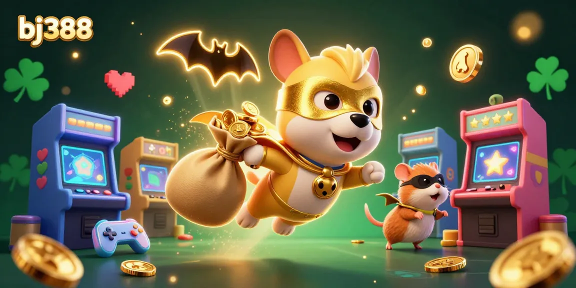 Experience the excitement of bj388 with a superhero dog and hamster in an enchanting casino adventure.
